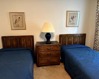 pair of twin beds and pair matching chests and a dresser with mirror