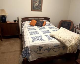 Ward Mid century modern double bed with mattress , hand crossed stitched spread, hand knitted spread