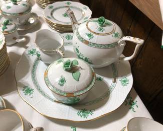Herend Green Chinese Bouquet Teapot, Creamer; Sugar; Cake plate
