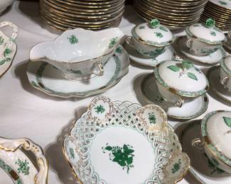 Herend Green Chinese Bouquet; Gravy Boat with detached under plot; reticulated bowl
