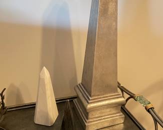 Marble white obelisk, 8.25"H,  was $15, NOW $12.  Tall silver Obelisk, 20"H,  was $24, NOW $18  Black obelisk, was $12, NOW $10