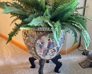 Rose Medallion Fishpot w/stand & foliage (12" H x 14"D) & stand,  was $125, NOW $65