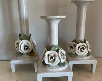 Set of 3 Vintage ceramic floral candlestick holders,  12.5", 10.5", 8.5",  Was $68, NOW $48