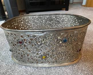 Metal jeweled silver scrolled basket, 15" x 11" x 7"H,  $45