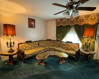 3 piece sectional sofa. Mediterranean influence with Hollywood regency style tables