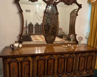 Mid century 1970’s bedroom set which includes dresser with mirror, wardrobe king head board and matching night stands
