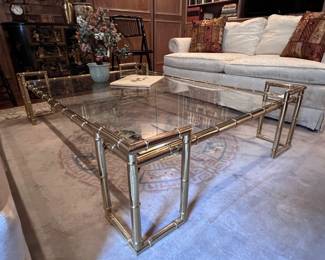 Vintage Gold Gilt Hollywood Regency Bamboo Style Rectangular Coffee Table. Vintage Chinese Jade and Quartz Bonsai Tree in Celedon Bowl on Table. 