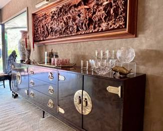 Amazing Burled Amboyna and Brass Three (3) Piece Chinoiserie Mastercraft Credenza/Buffet on removable base with Brass Adornments..