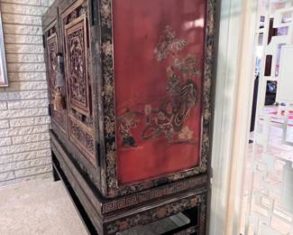 Carved Chinese Black Lacquered Cabinet and Gilt Wood Two (2) Door Cabinet..