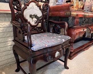 Vintage Carved Chinese Rosewood Throne Chairs with Lion Details and Marble Inserts..