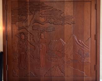 A set of Gorgeous Mid Century Carved Wooden Asian Bi-Fold Doors and Frame with Tree, Mountain and Asian Figures..