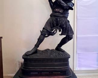 ** Museum Quality pair of Japanese Meiji Period (1868-1912) Bronze Oni Statues holding Bowls with raised relief Crane and Cloud depictions on custom carved Wooden Bases.
