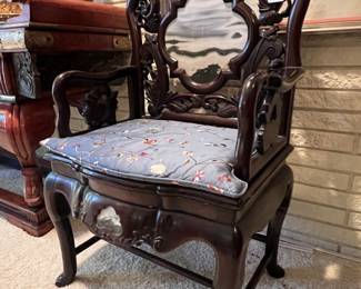 Vintage Carved Chinese Rosewood Throne Chairs with Lion Details and Marble Inserts..
