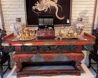 Japanese Gold Gilt and Red Lacquered Altar Table- Circa 20th Century..
