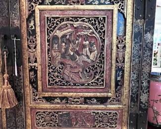 Carved Chinese Black Lacquered Cabinet and Gilt Wood Two (2) Door Cabinet..