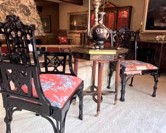 A pair of Black Lacquer English Chinese Chippendale Style Armchairs (20th Century) and Vintage Brass Running Rail Chinoiserie Octagonal Side Table with Drawer..