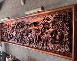 Meticulously Hand Carved Giant (Teak or Ramayana) Wooden Relief Carving-a captivating Scene as a ‘Processional of Celebration’ guides itself through a lush forest with Natives, Ox, Monkies and Horses..