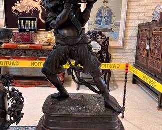 ** Museum Quality pair of Japanese Meiji Period (1868-1912) Bronze Oni Statues holding Bowls with raised relief Crane and Cloud depictions on custom carved Wooden Bases.
