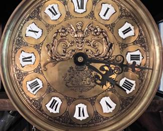 A Gazo Family ’The Californian’ 8ft tall ‘Open Well’ Case Clock Featuring Carved Oak Draped Figures with Etched Solid Brass Dial with Porcelain Numerals-(96”x27”x17”)..