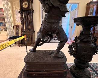 ** Museum Quality pair of Japanese Meiji Period (1868-1912) Bronze Oni Statues holding Bowls with raised relief Crane and Cloud depictions on custom carved Wooden Bases.
