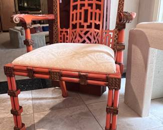 An English Chinese Chippendale Style Pagoda Armchair in Gilt and Orange made in Hong Kong by Maitland Smith.