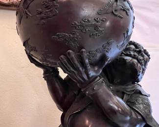 ** Museum Quality pair of Japanese Meiji Period (1868-1912) Bronze Oni Statues holding Bowls with raised relief Crane and Cloud depictions on custom carved Wooden Bases.
