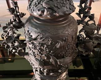 ** Spectacular and Impressive Decorated pair of Japanese Meiji Period (1868-1912) Bronze Censors (42.5” Tall) Beautifully stylized Floral Tree like Handles on either side with depictions of Exotic Birds, Turtles, Trees and Dragons.


