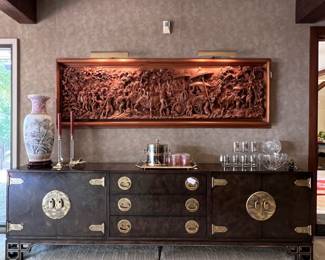 Amazing Burled Amboyna and Brass Three (3) Piece Chinoiserie Mastercraft Credenza/Buffet on removable base with Brass Adornments..