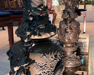 ** Spectacular and Impressive Decorated pair of Japanese Meiji Period (1868-1912) Bronze Censors (42.5” Tall) Beautifully stylized Floral Tree like Handles on either side with depictions of Exotic Birds, Turtles, Trees and Dragons.

