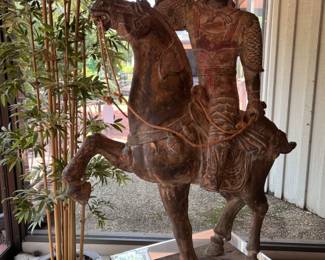 Vintage Carved Chinese Warrior on Horseback Statue..
