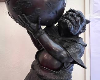 ** Museum Quality pair of Japanese Meiji Period (1868-1912) Bronze Oni Statues holding Bowls with raised relief Crane and Cloud depictions on custom carved Wooden Bases.
