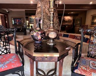 A pair of Black Lacquer English Chinese Chippendale Style Armchairs (20th Century) and Vintage Brass Running Rail Chinoiserie Octagonal Side Table with Drawer..