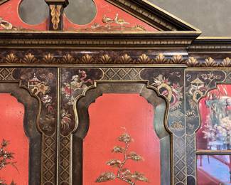 Elegant Mid Century Chinoiserie Breakfront/China Cabinet in Red and Gold Gilt with External and Interior Hand Painted Motifs with open Glass Shelves which Illuminate from above..