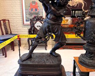 ** Museum Quality pair of Japanese Meiji Period (1868-1912) Bronze Oni Statues holding Bowls with raised relief Crane and Cloud depictions on custom carved Wooden Bases.
