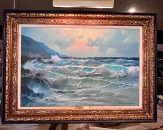 "Northern California Seascape" Original Ocean Crashing Waves Oil on Canvas by Alexander Dzigurski. 