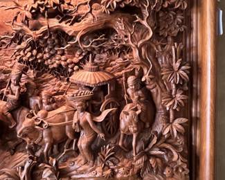 Meticulously Hand Carved Giant (Teak or Ramayana) Wooden Relief Carving-a captivating Scene as a ‘Processional of Celebration’ guides itself through a lush forest with Natives, Ox, Monkies and Horses..