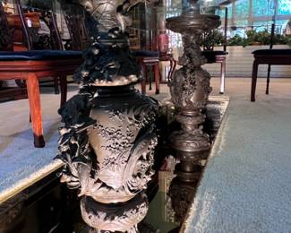 ** Spectacular and Impressive Decorated pair of Japanese Meiji Period (1868-1912) Bronze Censors (42.5” Tall) Beautifully stylized Floral Tree like Handles on either side with depictions of Exotic Birds, Turtles, Trees and Dragons.
