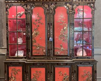 Elegant Mid Century Chinoiserie Breakfront/China Cabinet in Red and Gold Gilt with External and Interior Hand Painted Motifs with open Glass Shelves which Illuminate from above..