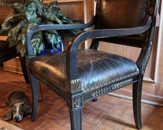 A pair of Faux Leather Crocodile Textured Fauteuil Style Armchairs with Dark Finish and Nailhead Accents..