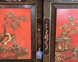 Elegant Mid Century Chinoiserie Breakfront/China Cabinet in Red and Gold Gilt with External and Interior Hand Painted Motifs with open Glass Shelves which Illuminate from above..