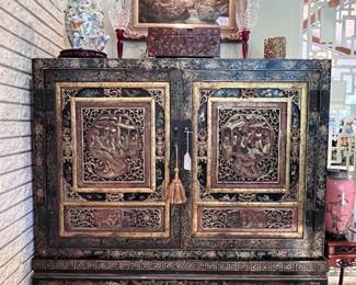 Carved Chinese Black Lacquered Cabinet and Gilt Wood Two (2) Door Cabinet..