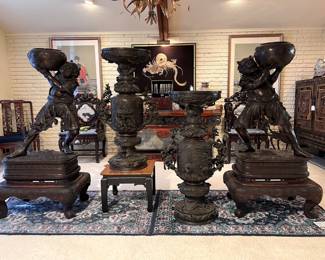 ** Spectacular and Impressive Decorated pair of Japanese Meiji Period (1868-1912) Bronze Censors (42.5” Tall) Beautifully stylized Floral Tree like Handles on either side with depictions of Exotic Birds, Turtles, Trees and Dragons.

** Museum Quality pair of Japanese Meiji Period (1868-1912) Bronze Oni Statues holding Bowls with raised relief Crane and Cloud depictions on custom carved Wooden Bases.
