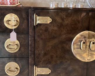 Amazing Burled Amboyna and Brass Three (3) Piece Chinoiserie Mastercraft Credenza/Buffet on removable base with Brass Adornments..