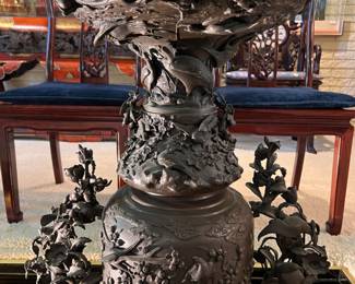 ** Spectacular and Impressive Decorated pair of Japanese Meiji Period (1868-1912) Bronze Censors (42.5” Tall) Beautifully stylized Floral Tree like Handles on either side with depictions of Exotic Birds, Turtles, Trees and Dragons.

