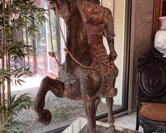 Vintage Carved Chinese Warrior on Horseback Statue..