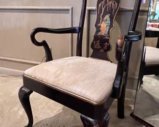 Vintage Henredon ‘Folio 10’ Double Pedestal Chinoiserie Desk with rectangular Top inset with Three (3) Gilt Tooled Leather writing surfaces- sits above Two (2) sets of Four (4) graduated Drawers flanking a Center Drawer, Trimmed with Faux Bamboo and had surfaces painted with Asian inspired Landscapes including Pagodas, Willow Trees and Cranes accompanied with matching Armchair..