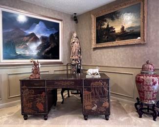 Vintage Henredon ‘Folio 10’ Double Pedestal Chinoiserie Desk with rectangular Top inset with Three (3) Gilt Tooled Leather writing surfaces- sits above Two (2) sets of Four (4) graduated Drawers flanking a Center Drawer, Trimmed with Faux Bamboo and had surfaces painted with Asian inspired Landscapes including Pagodas, Willow Trees and Cranes accompanied with matching Armchair..