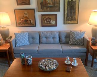 Living Room 
MCM sofa, coffee table, end tables, pottery
*coffee table top can be flipped for a different look. 