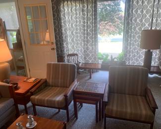 Living Room 
Slatted back MCM lounge chairs by Illum Wikkelso for Niels Eilersen, tiled nesting tables