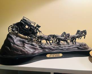 Stagecoach bronze sculpture by CM Russell, 21”w x 8”d x 8” h without base